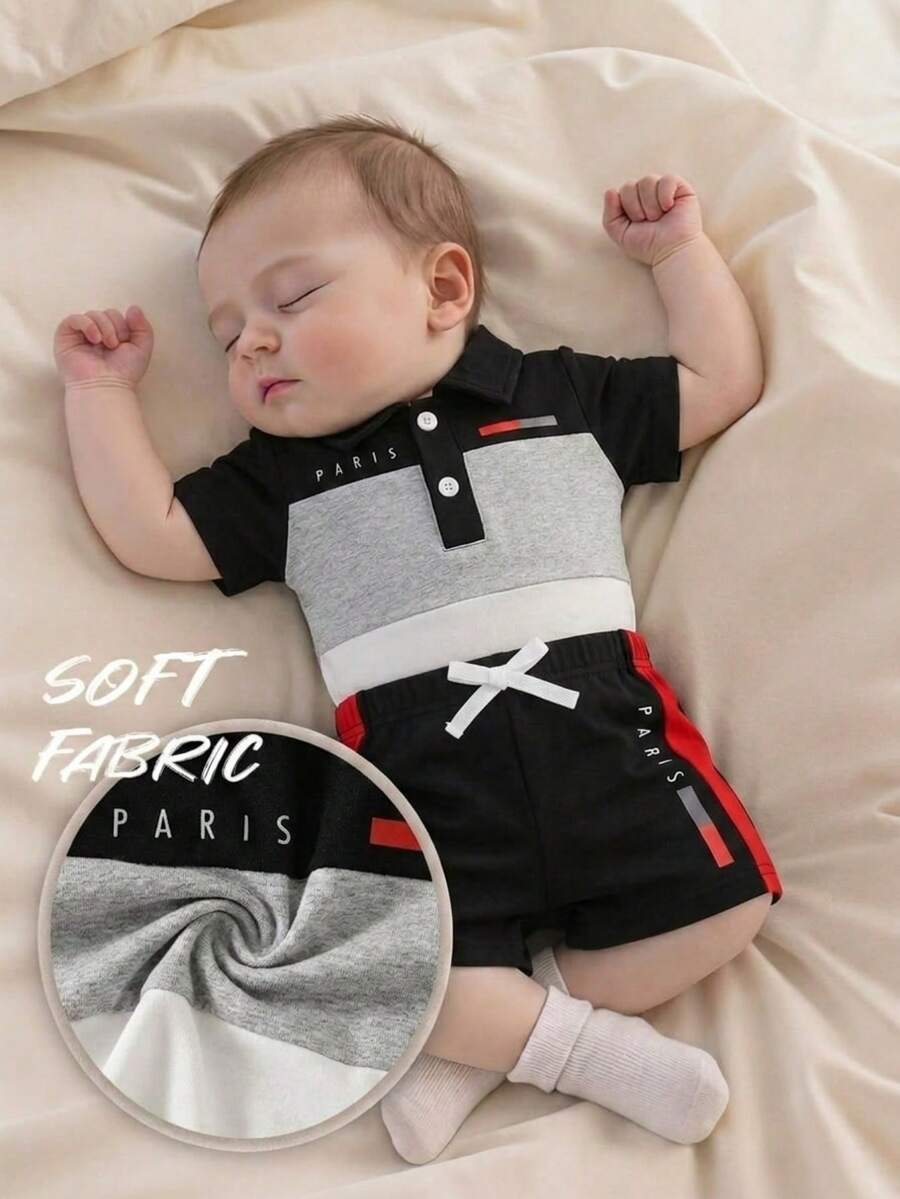Baby Boys Colorblock Polo Collar Bodysuit and Shorts Set for Casual Summer Wear