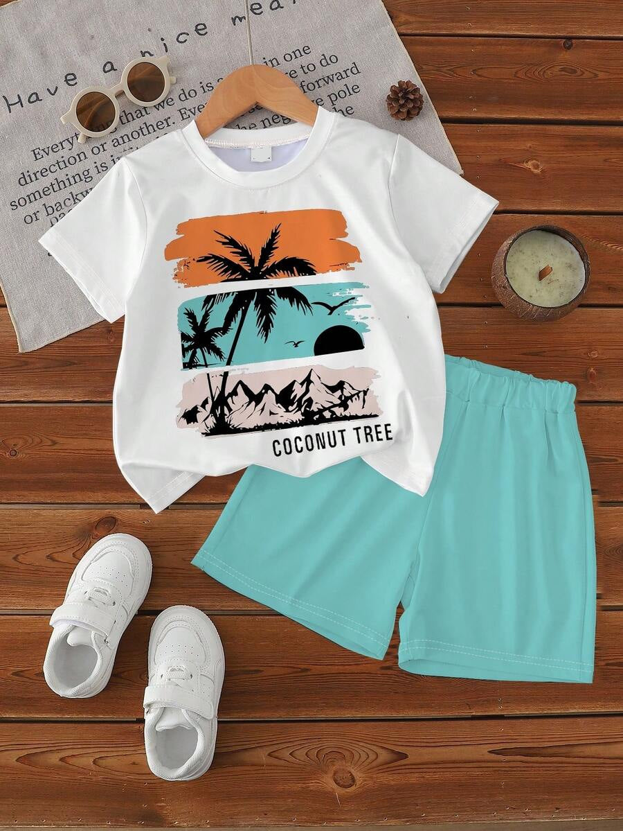 Fashionable 6pcs/Set Baby Boys' Lettering Graphic Tee and Shorts Collection