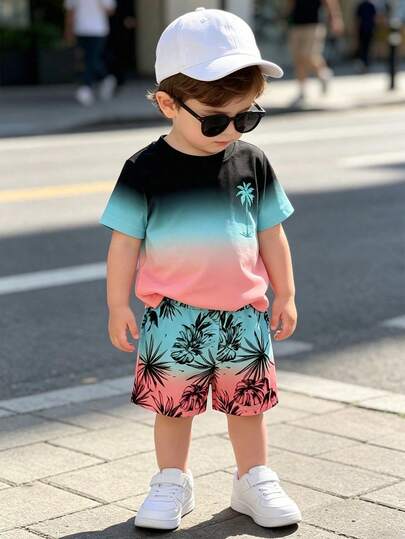 Baby Boy Gradient Print Knit T Shirt and Shorts 2 Piece Casual Spring Summer Outfit Set