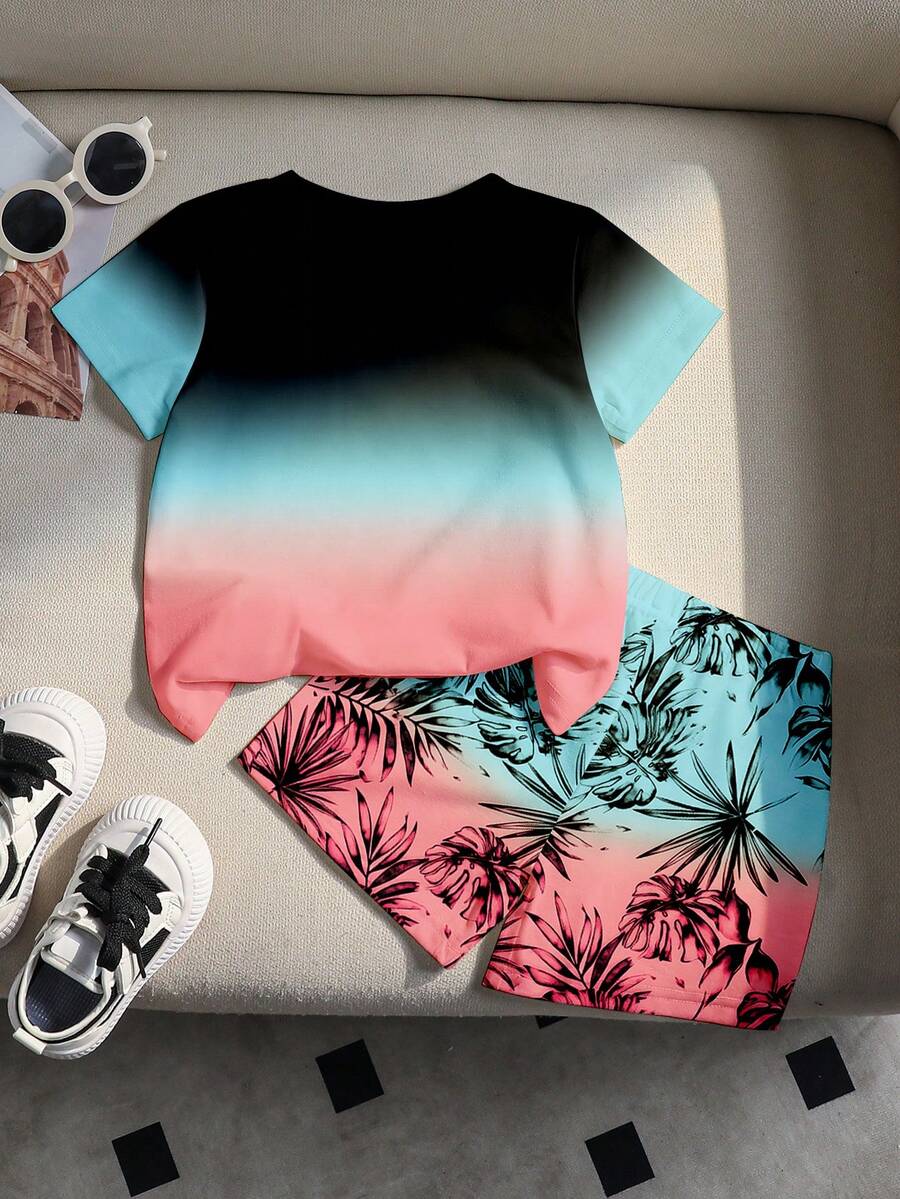 Baby Boy Gradient Print Knit T Shirt and Shorts 2 Piece Casual Spring Summer Outfit Set