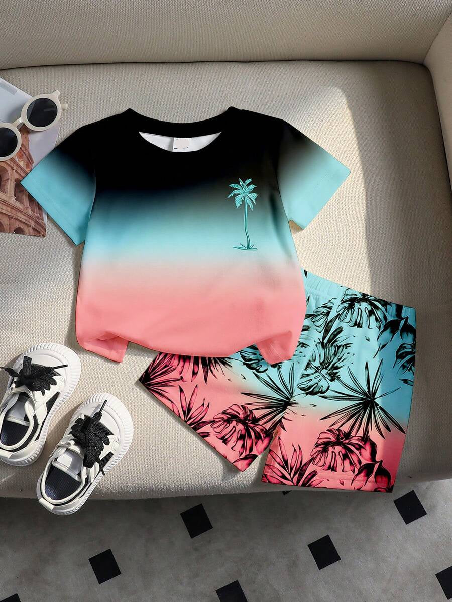 Baby Boy Gradient Print Knit T Shirt and Shorts 2 Piece Casual Spring Summer Outfit Set