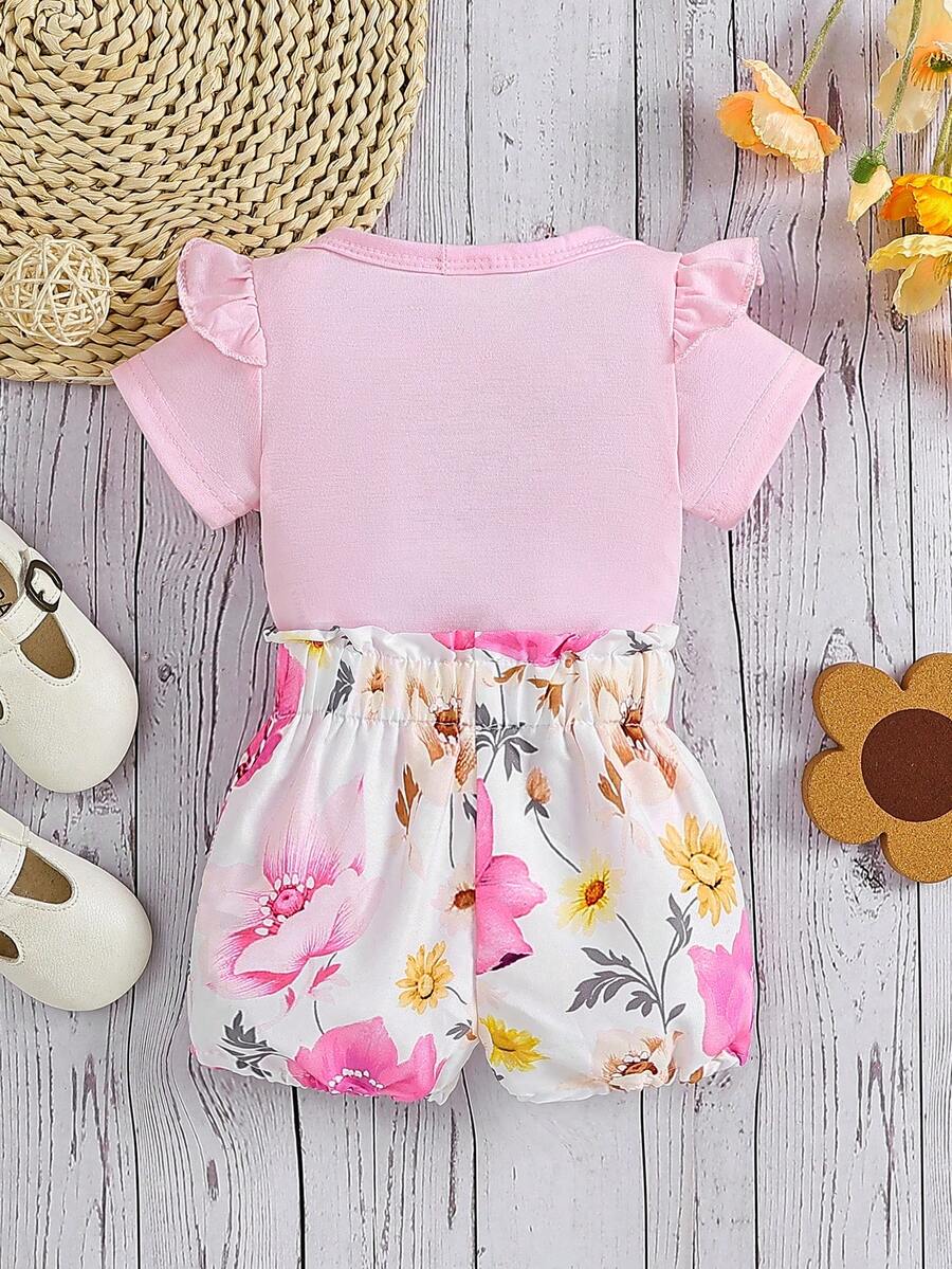 Casual Floral Shorts Clothing Set For Little Girls Graphic Bodysuit Style