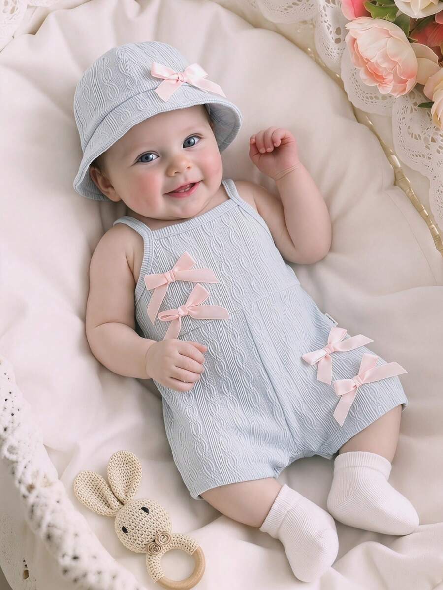 Cute Baby Girl Sleeveless Ribbed Short Jumpsuit With Bow Detail Casual Summer Wear