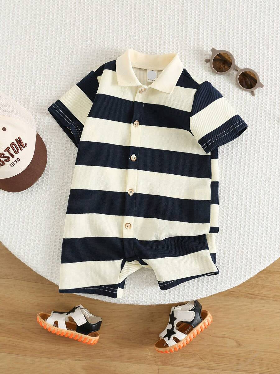 Newborn Baby Boy Knit Striped Short Sleeve Romper for Birthday Party Wedding Baby Shower Summer Outfit