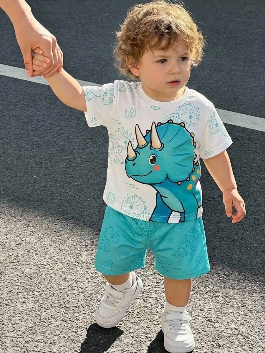 Baby Boy Animal Crayon Print T Shirt and Knitted Shorts 2 Piece Casual Spring Summer Outfit Set