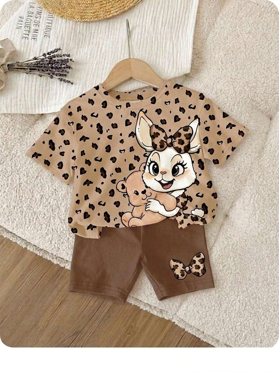 Rainbow Top And Elastic Waist Shorts Set For Toddler Girls Casual Wear