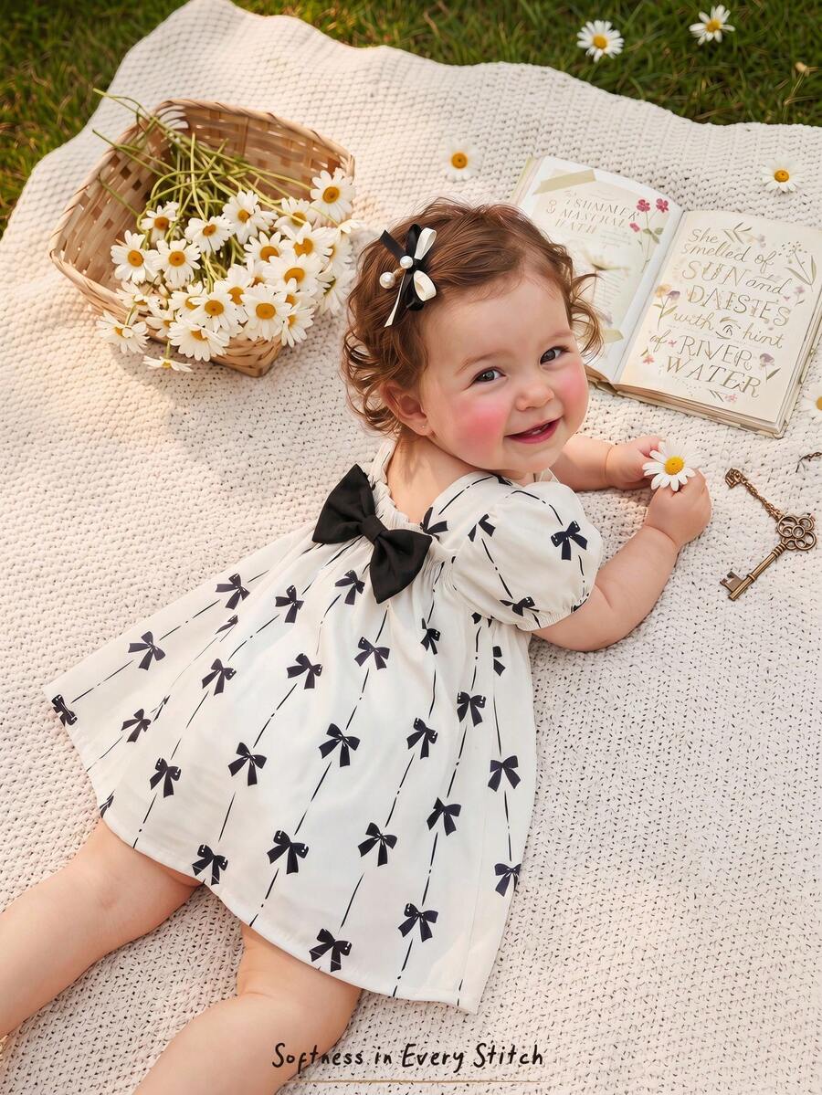 Green Plaid Short Sleeve Dress for Baby Girls - Cute Bow Accent Summer Outfit