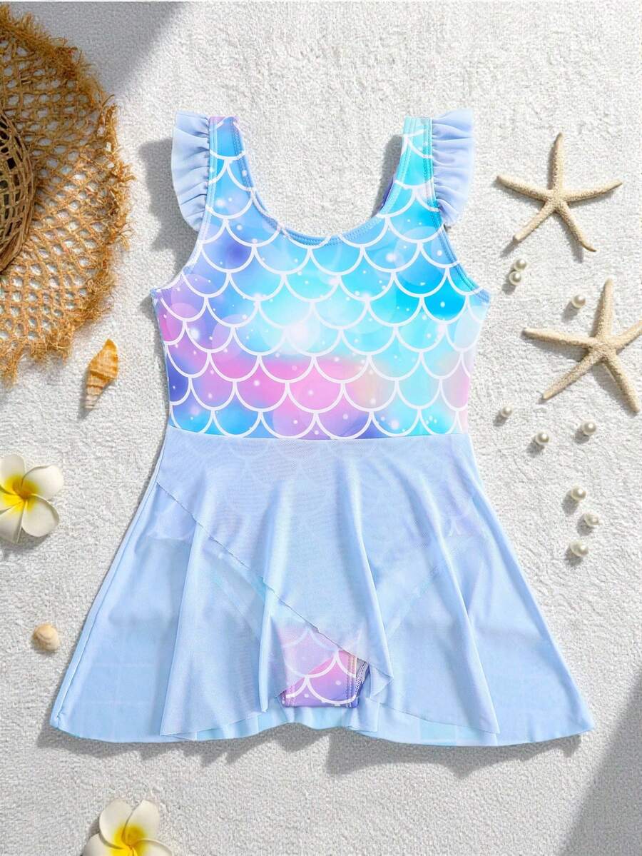 Baby Girls Mermaid Fish Scale One Piece Swimsuit Cute Ocean Princess Beachwear