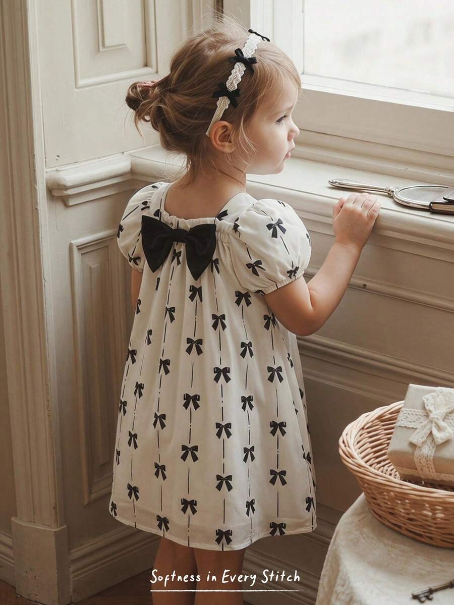 Baby Girl Plaid Bow Detail Short Sleeve Dress Cute Summer Vacation Outfit