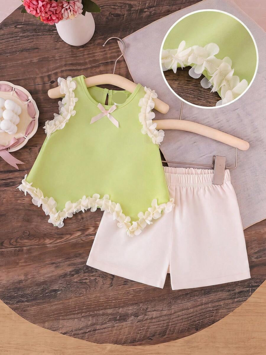 Light Green Vest Top And Apricot Shorts Set For Toddler Girls Vacation Wear