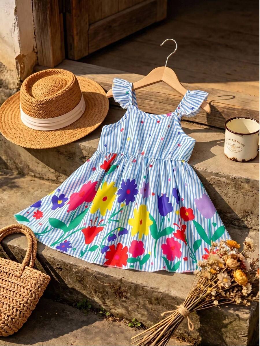 Baby Girl Retro Vintage Floral Dress - Sleeveless Elastic Waist Casual Sundress