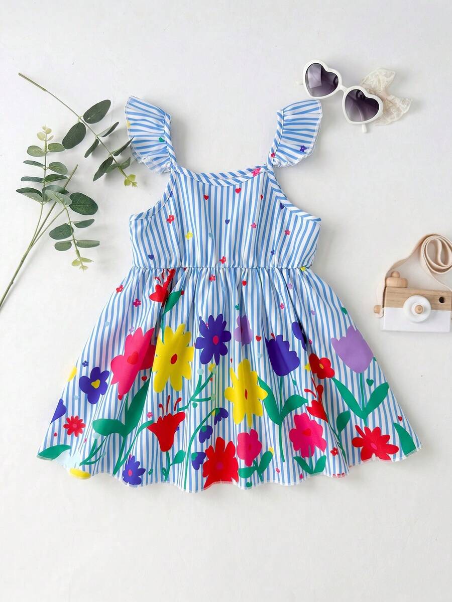 Baby Girl Retro Vintage Floral Dress - Sleeveless Elastic Waist Casual Sundress