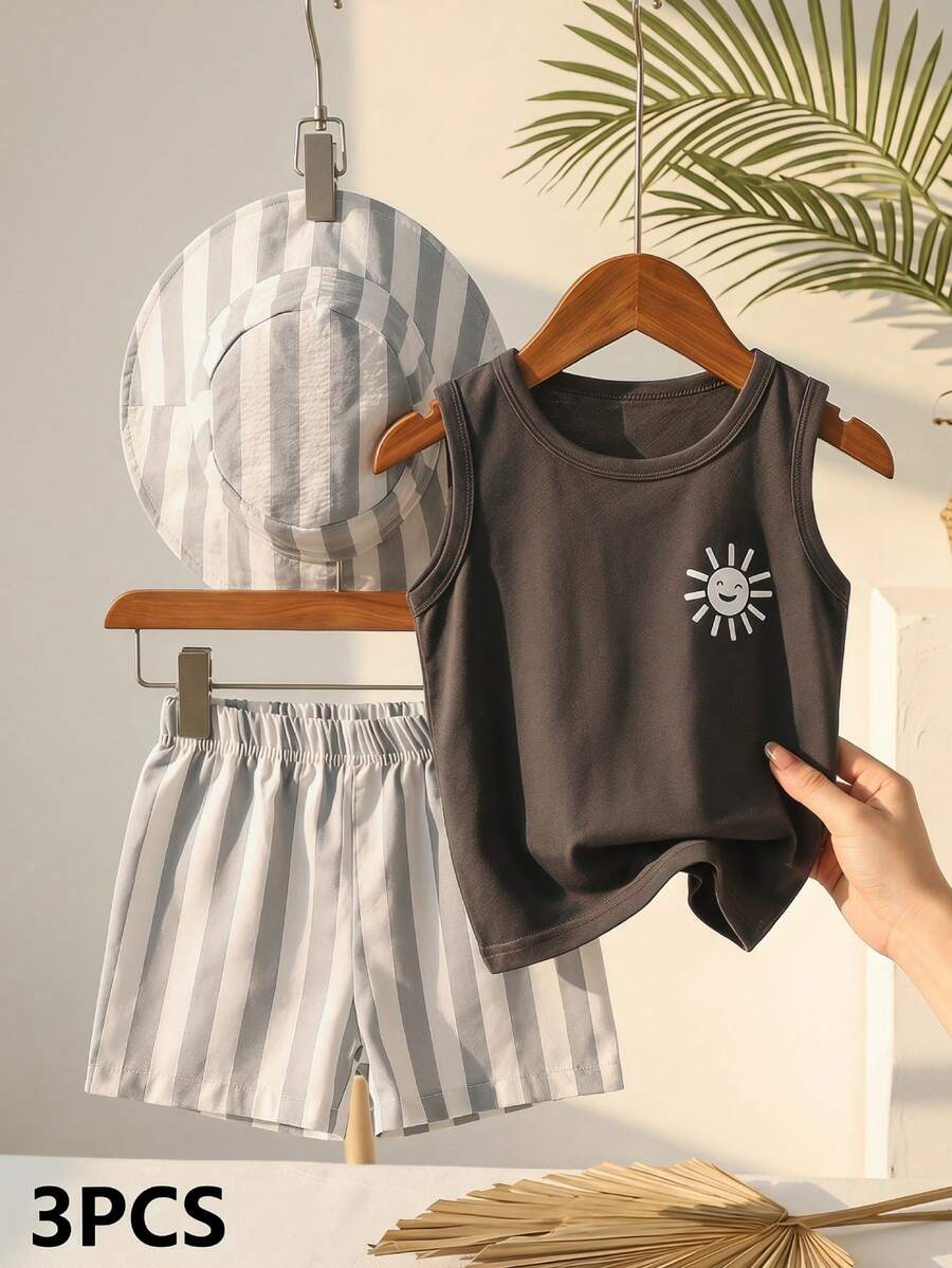 Baby Boy Letter Print Top Coconut Tree Print Shorts and Hat 3 Piece Summer Beach Vacation Outfit Set