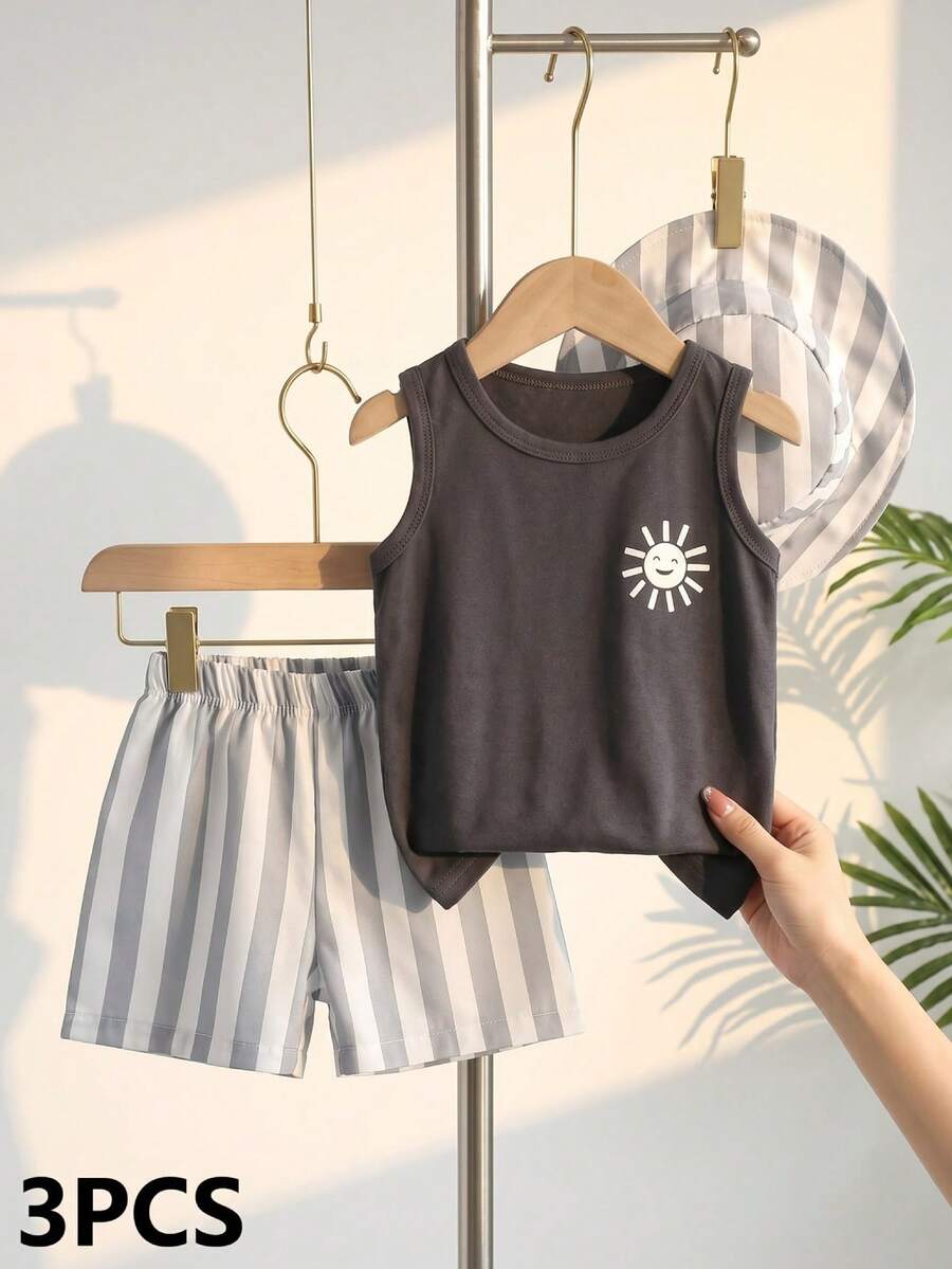 Baby Boy Letter Print Top Coconut Tree Print Shorts and Hat 3 Piece Summer Beach Vacation Outfit Set