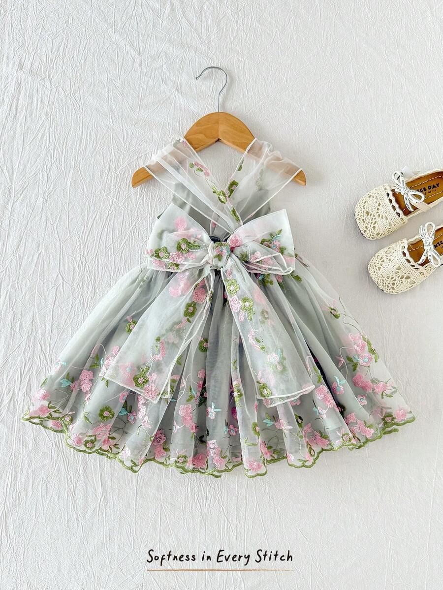Little Girls Floral Print Sleeveless Dress With Bow Tie Waist Cute Summer Outfit