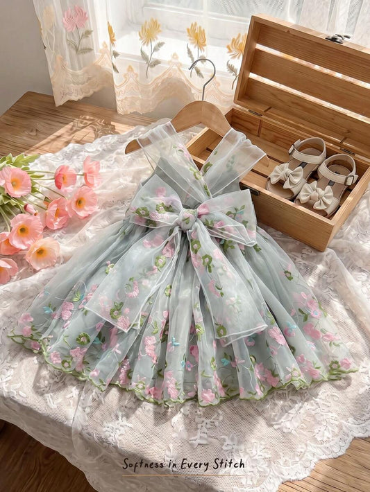 Little Girls Floral Print Sleeveless Dress With Bow Tie Waist Cute Summer Outfit