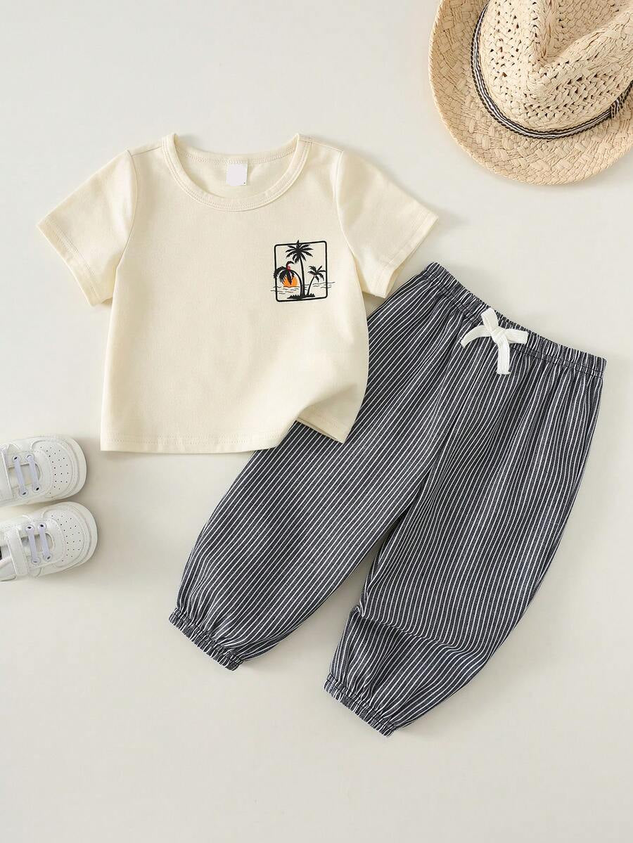 Baby Boy Letter Print T Shirt and Large Pocket Pants 2 Piece Casual Outfit Set for Spring Summer Autumn