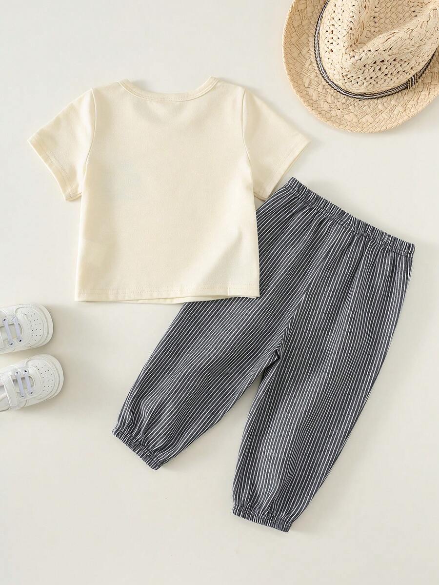 Baby Boy Letter Print T Shirt and Large Pocket Pants 2 Piece Casual Outfit Set for Spring Summer Autumn