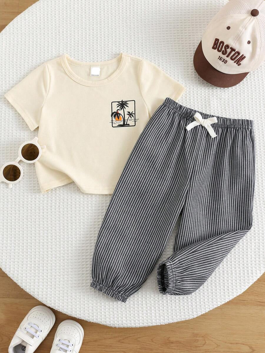 Baby Boy Letter Print T Shirt and Large Pocket Pants 2 Piece Casual Outfit Set for Spring Summer Autumn