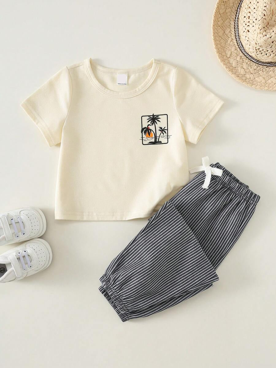 Baby Boy Letter Print T Shirt and Large Pocket Pants 2 Piece Casual Outfit Set for Spring Summer Autumn