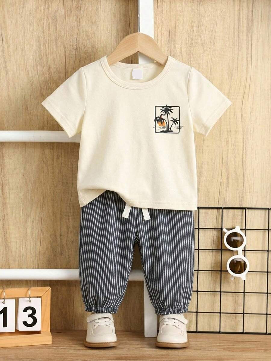 Baby Boy Letter Print T Shirt and Large Pocket Pants 2 Piece Casual Outfit Set for Spring Summer Autumn