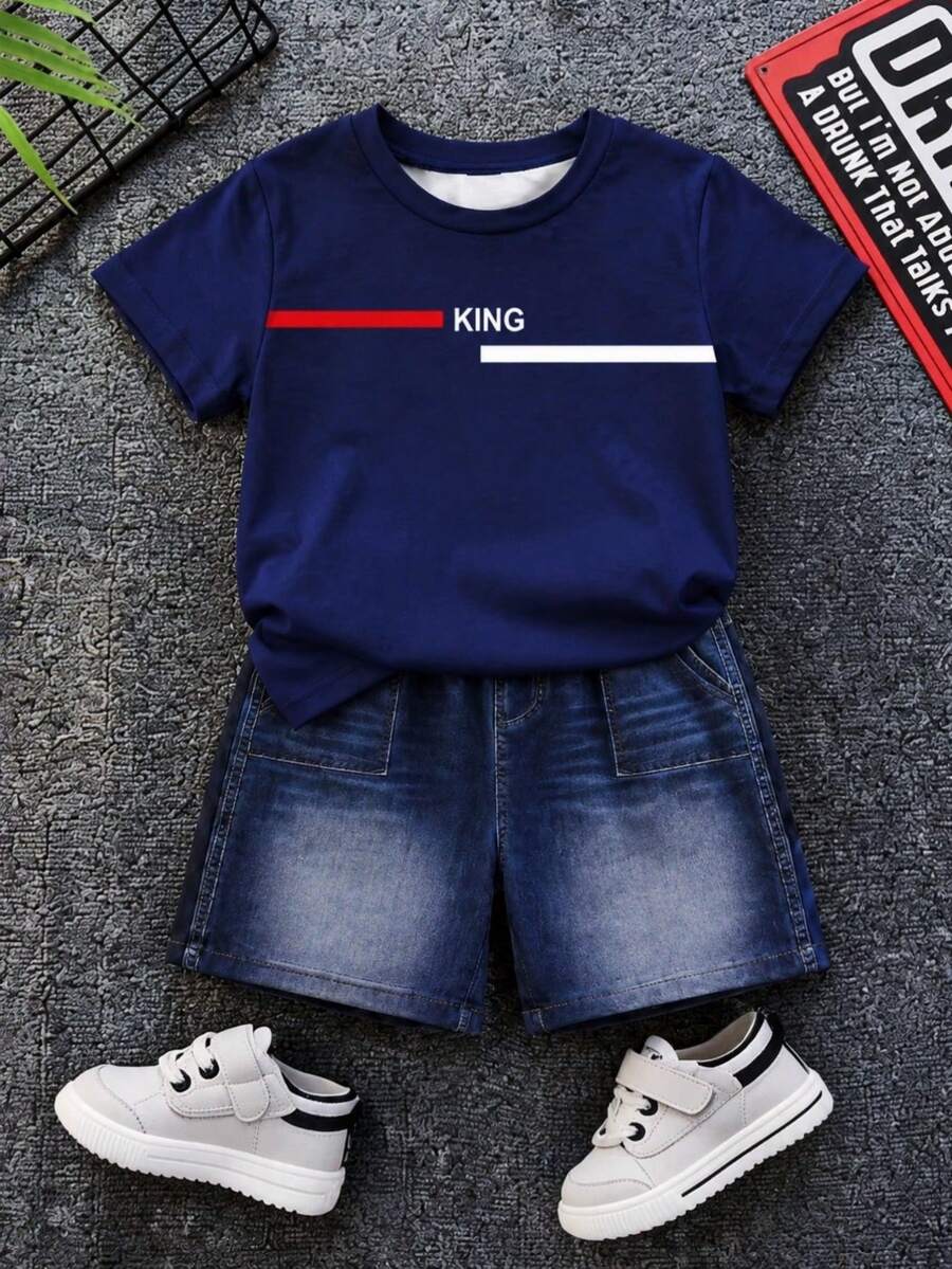 Baby Boy Brave Text Graphic Print T Shirt and Shorts Casual Summer Outfit Set