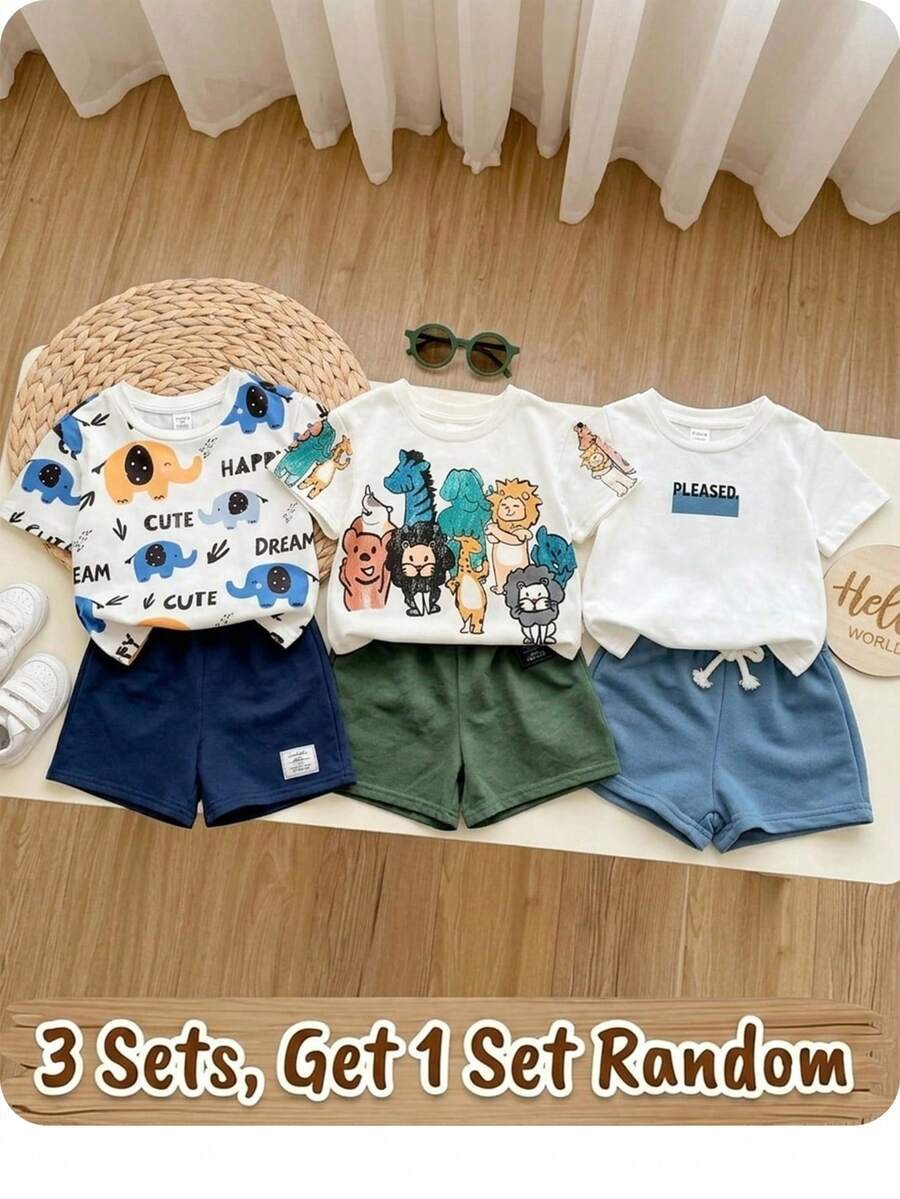 Baby Boy Animal Crayon Print T Shirt and Knitted Shorts 2 Piece Casual Spring Summer Outfit Set