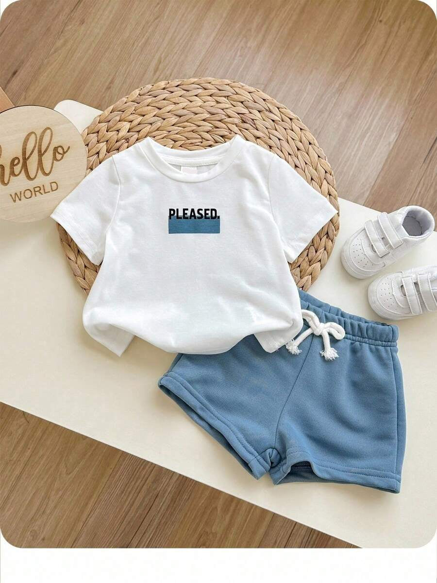 Baby Boy Animal Crayon Print T Shirt and Knitted Shorts 2 Piece Casual Spring Summer Outfit Set