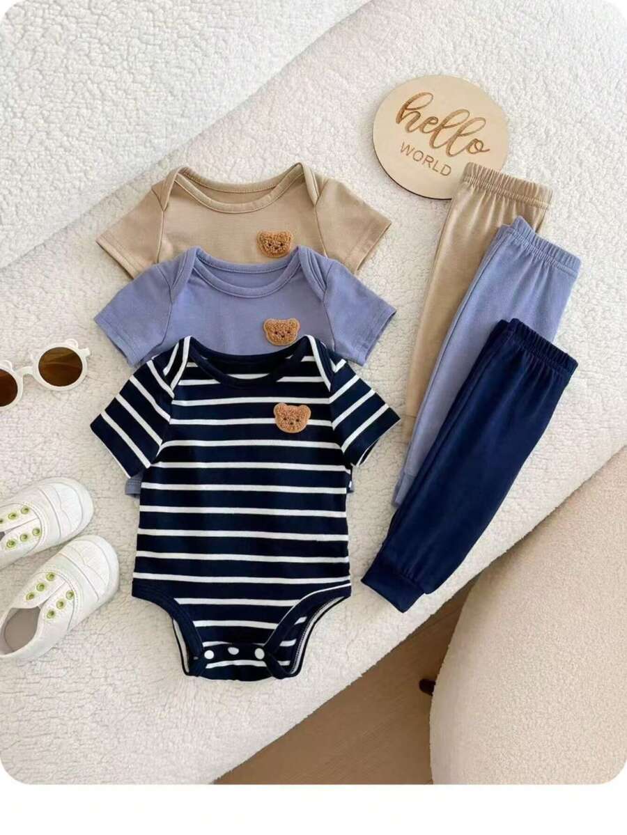 6pcs Baby Romper and Pants Set with Colorblock Stripes and Star Pattern for Spring and Summer