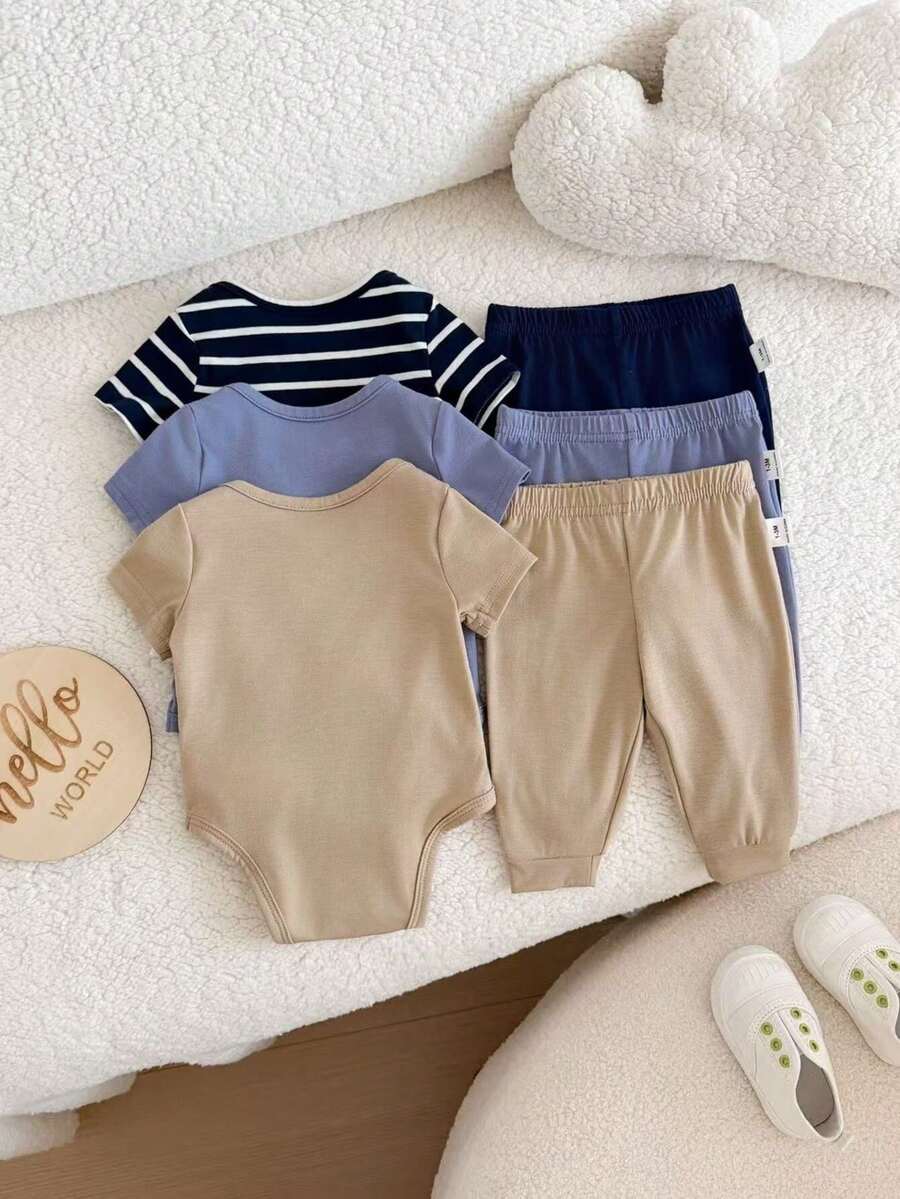 6pcs Baby Romper and Pants Set with Colorblock Stripes and Star Pattern for Spring and Summer