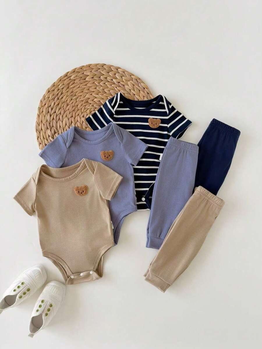 6pcs Baby Romper and Pants Set with Colorblock Stripes and Star Pattern for Spring and Summer