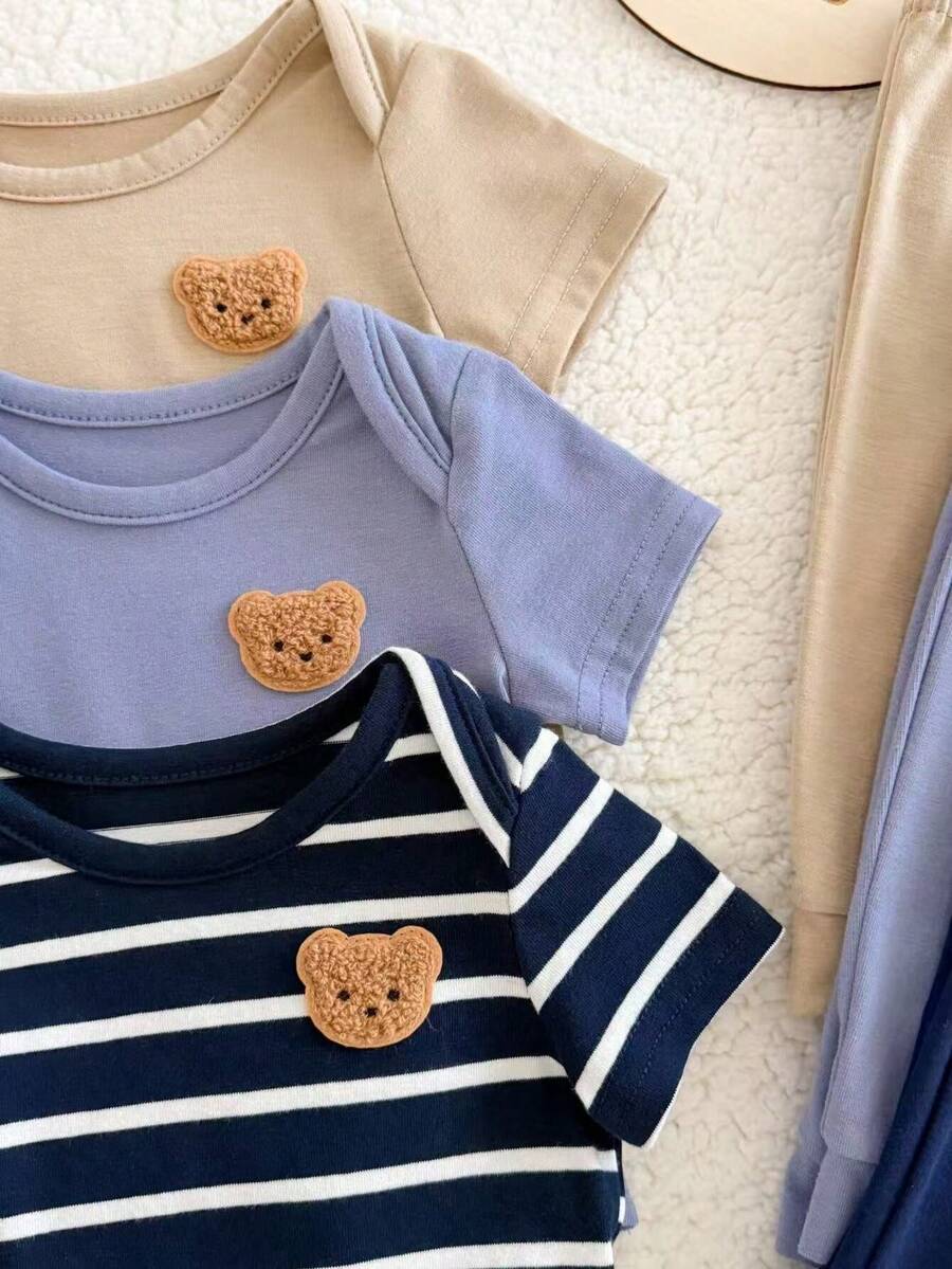 6pcs Baby Romper and Pants Set with Colorblock Stripes and Star Pattern for Spring and Summer