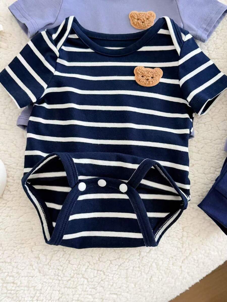 6pcs Baby Romper and Pants Set with Colorblock Stripes and Star Pattern for Spring and Summer