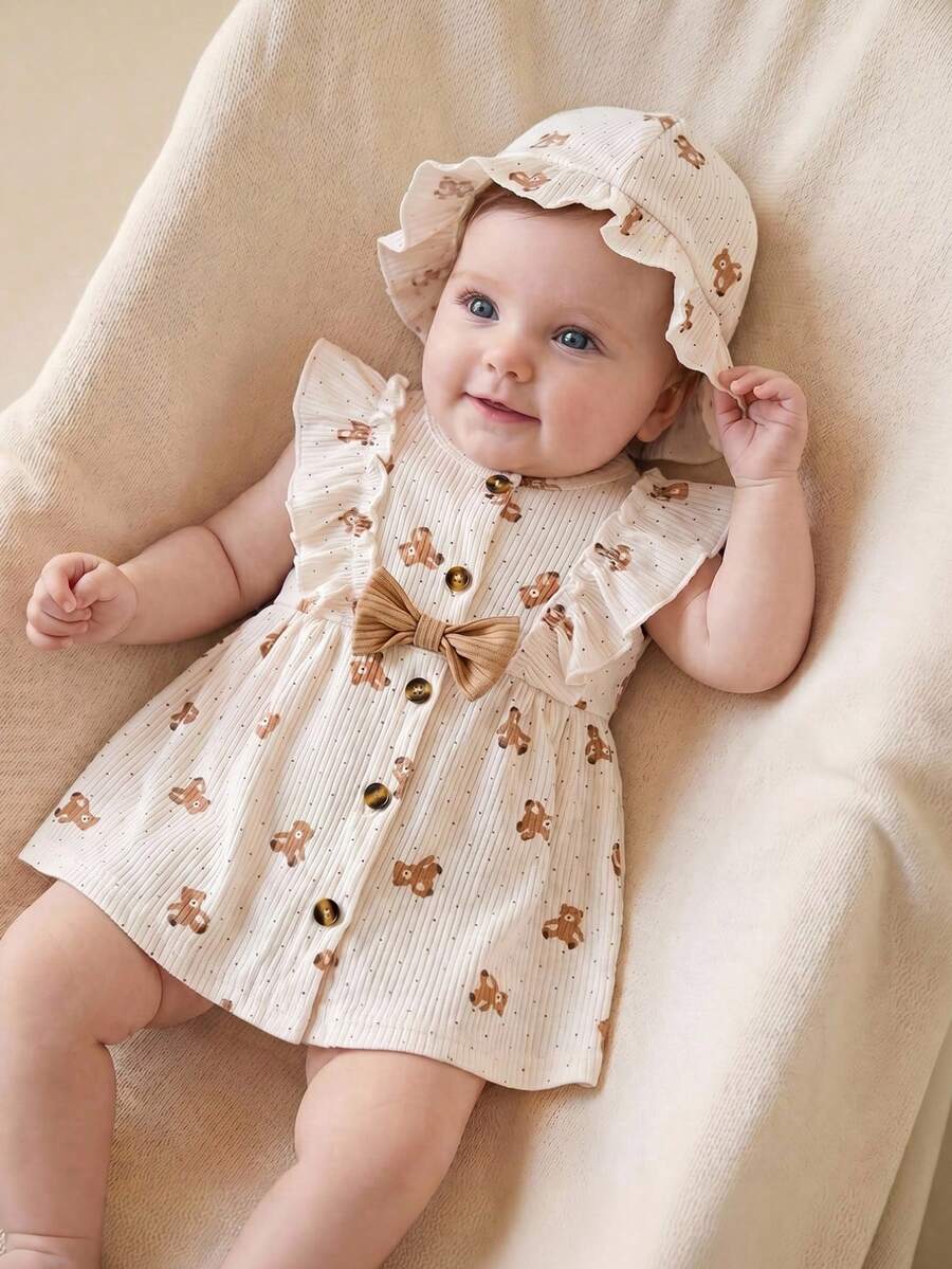 Baby Cherry Print Sleeveless Dress and Red Hat Set for Cute Summer Outings