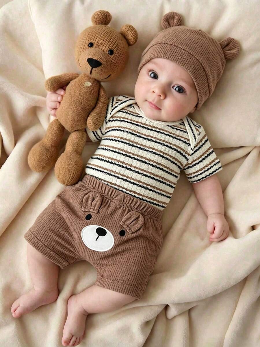 Baby Boys Brown Bear Romper Shorts and Hat Set for Summer Outdoor Wear