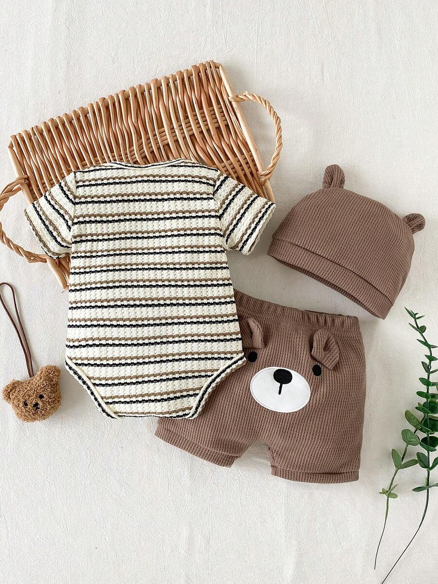 Baby Boys Brown Bear Romper Shorts and Hat Set for Summer Outdoor Wear