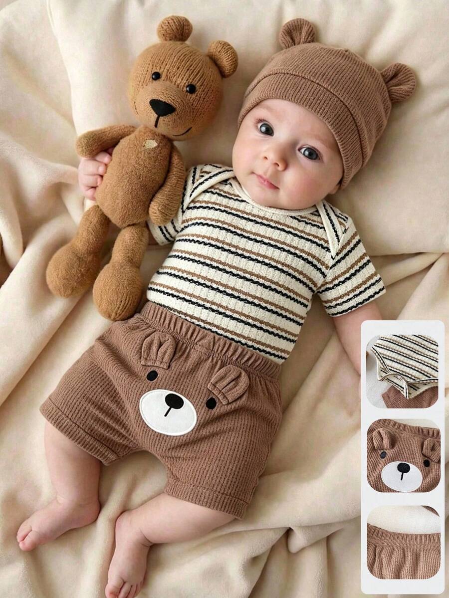 Baby Boys Brown Bear Romper Shorts and Hat Set for Summer Outdoor Wear