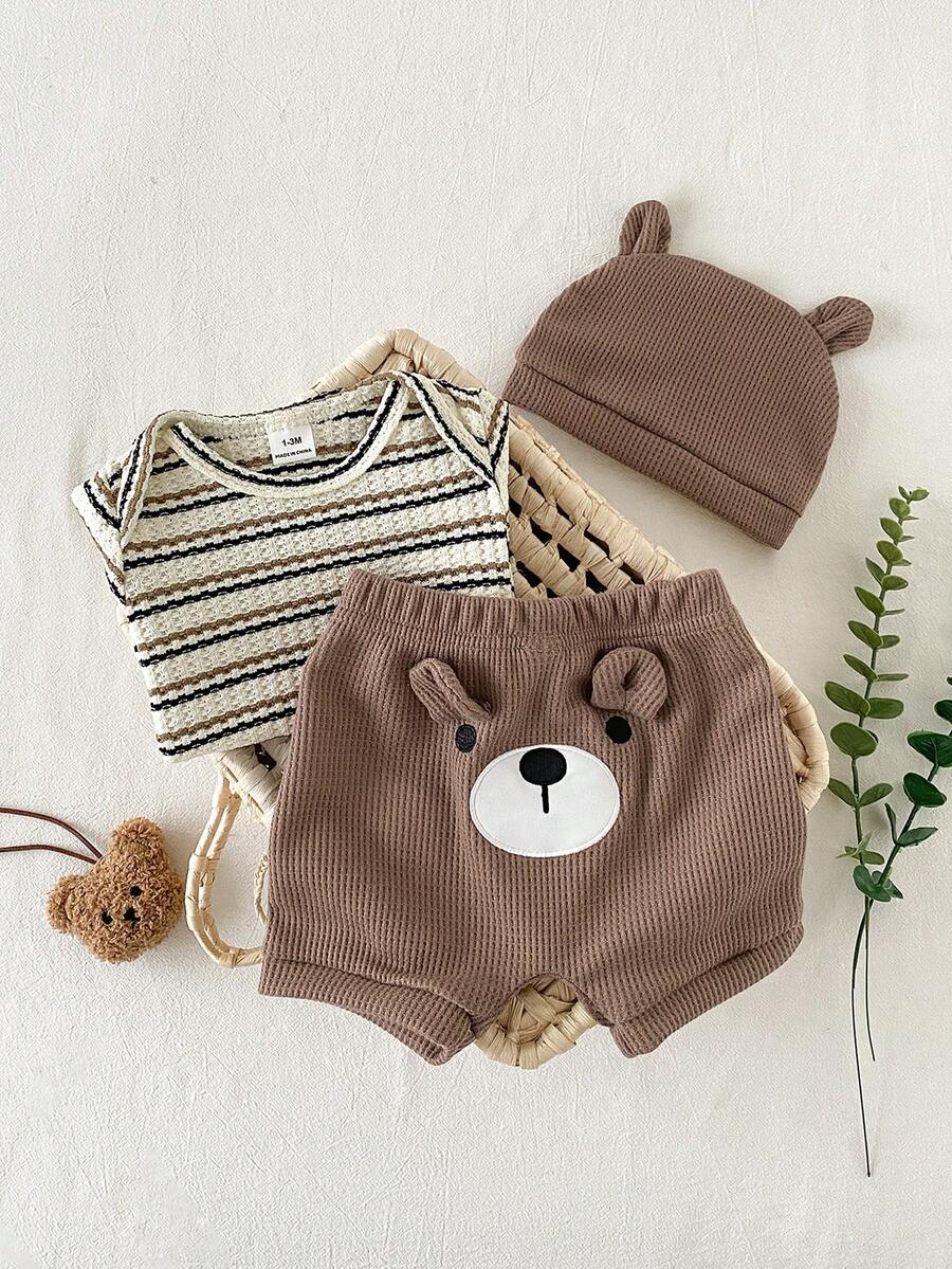 Baby Boys Brown Bear Romper Shorts and Hat Set for Summer Outdoor Wear