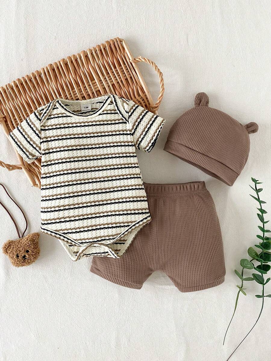 Baby Boys Brown Bear Romper Shorts and Hat Set for Summer Outdoor Wear