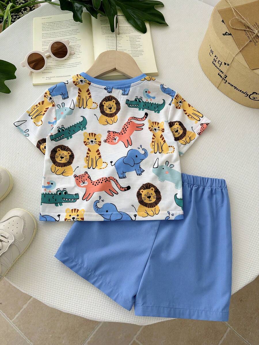 Baby Boy Animal Crayon Print T Shirt and Knitted Shorts 2 Piece Casual Spring Summer Outfit Set