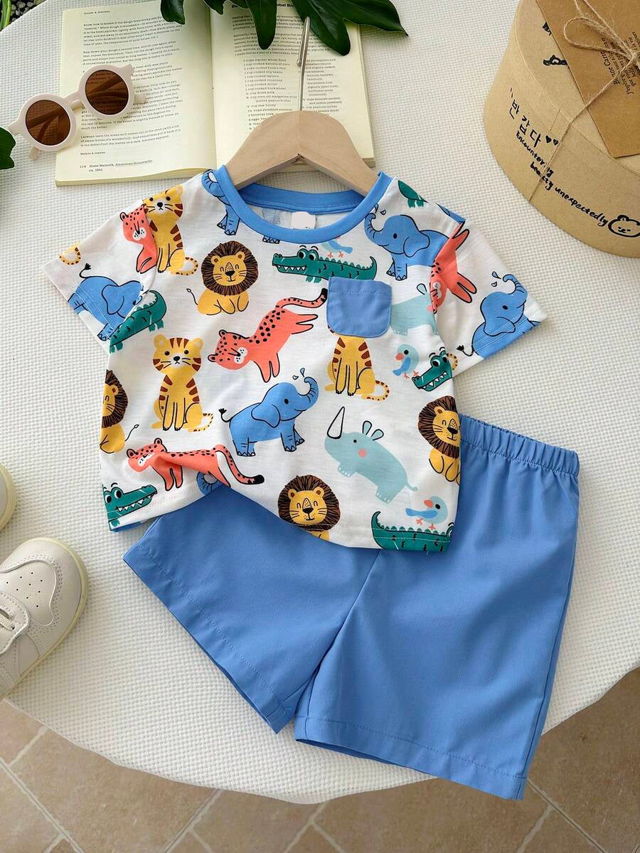 Baby Boy Animal Crayon Print T Shirt and Knitted Shorts 2 Piece Casual Spring Summer Outfit Set