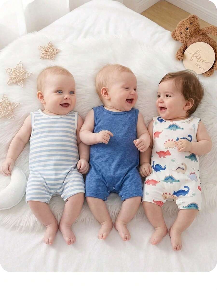 Unisex Dinosaur Print Sleeveless Romper Set For Toddlers Spring Summer Wear
