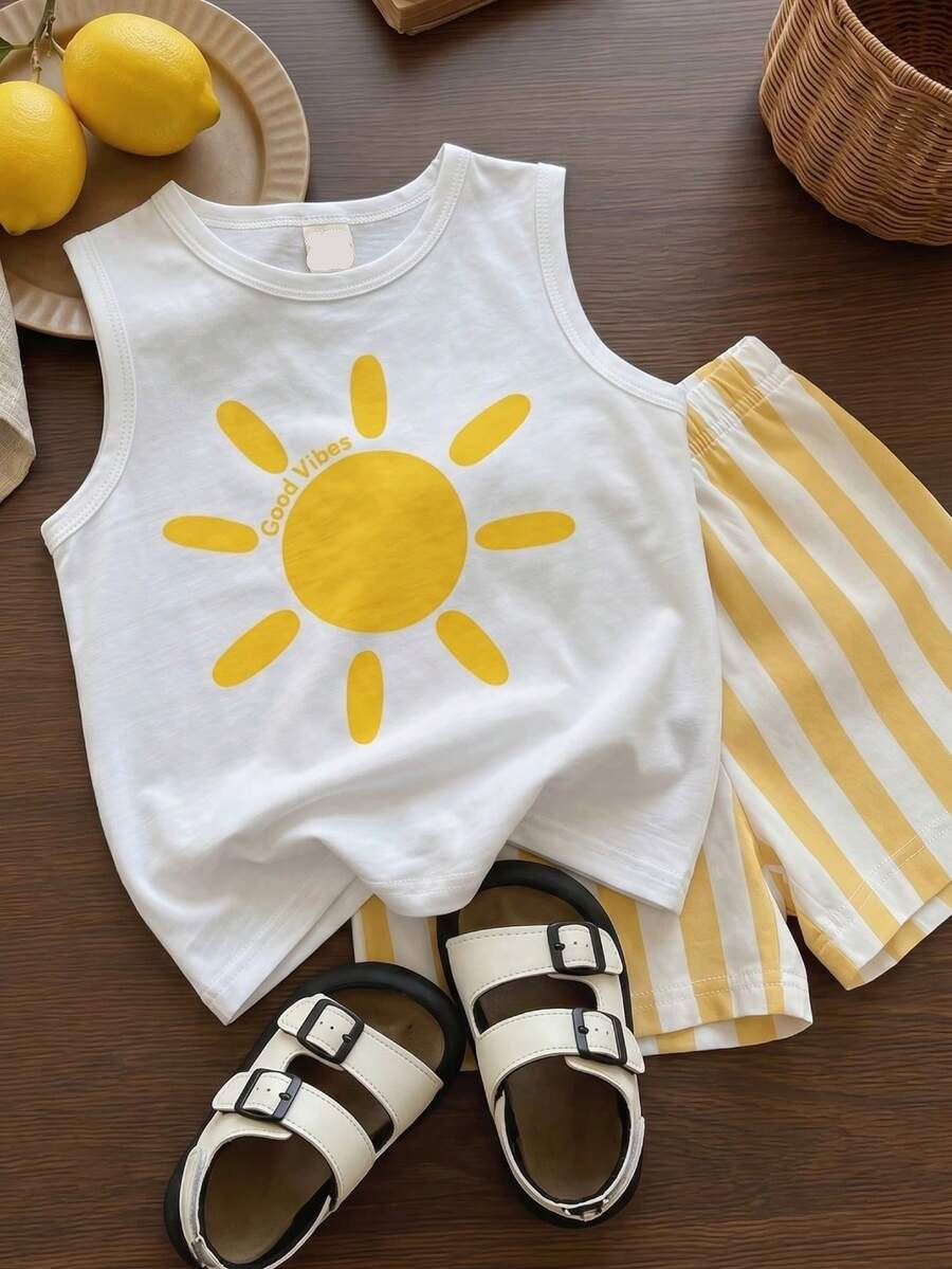 Baby Boy Striped Tank Top and Animal Embroidered Shorts 2 Piece Casual Summer Outfit Set