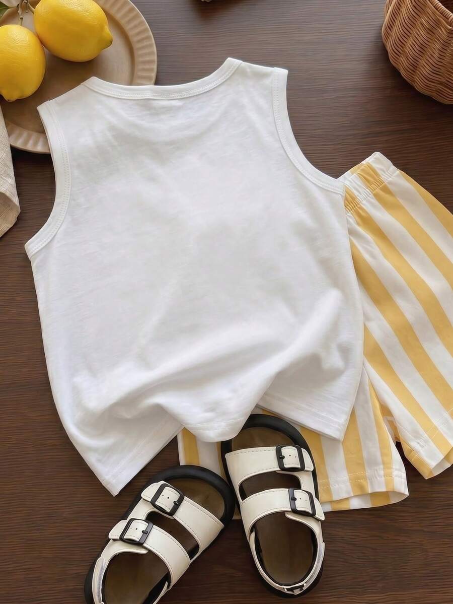 Baby Boy Striped Tank Top and Animal Embroidered Shorts 2 Piece Casual Summer Outfit Set