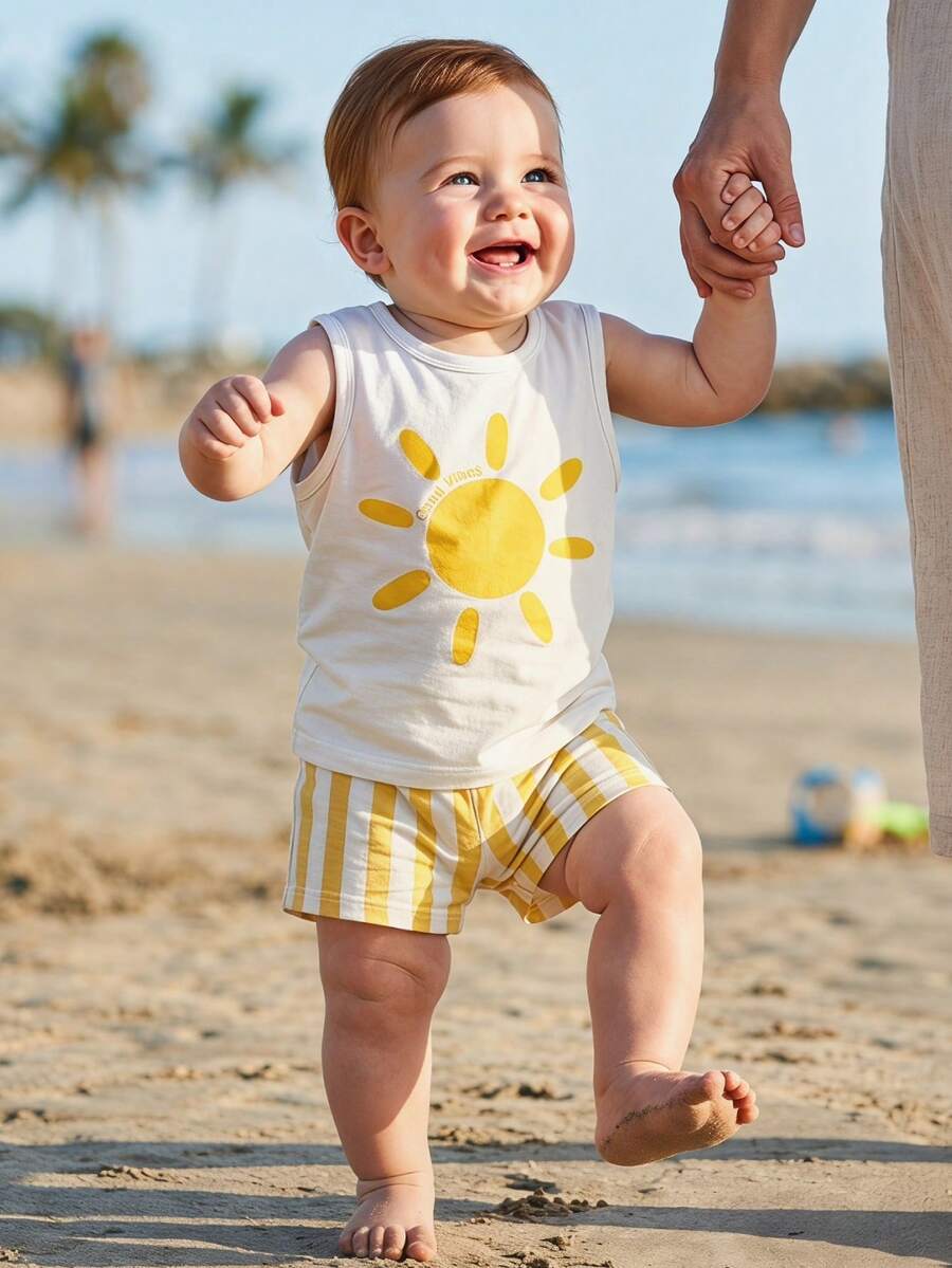 Baby Boy Striped Tank Top and Animal Embroidered Shorts 2 Piece Casual Summer Outfit Set