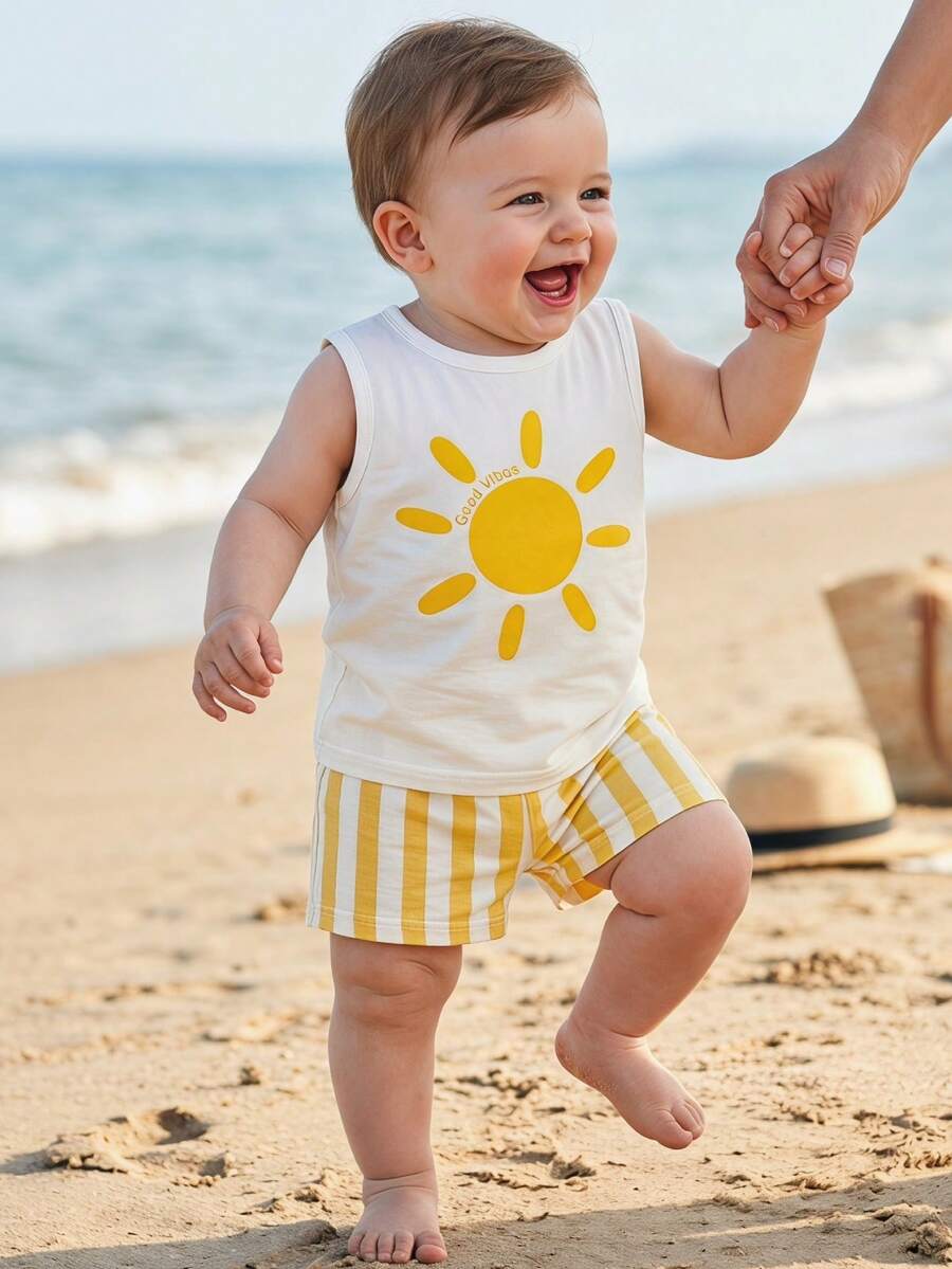 Baby Boy Striped Tank Top and Animal Embroidered Shorts 2 Piece Casual Summer Outfit Set