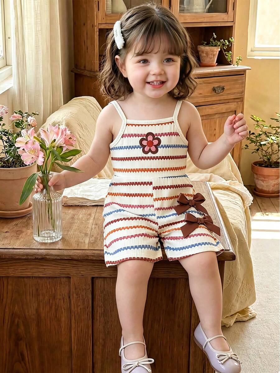 Cute Baby Girl Sleeveless Ribbed Short Jumpsuit With Bow Detail Casual Summer Wear