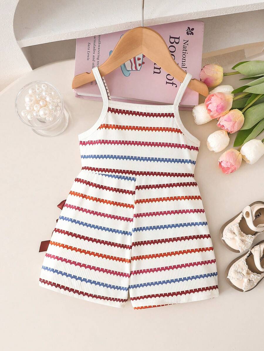 Cute Baby Girl Sleeveless Ribbed Short Jumpsuit With Bow Detail Casual Summer Wear