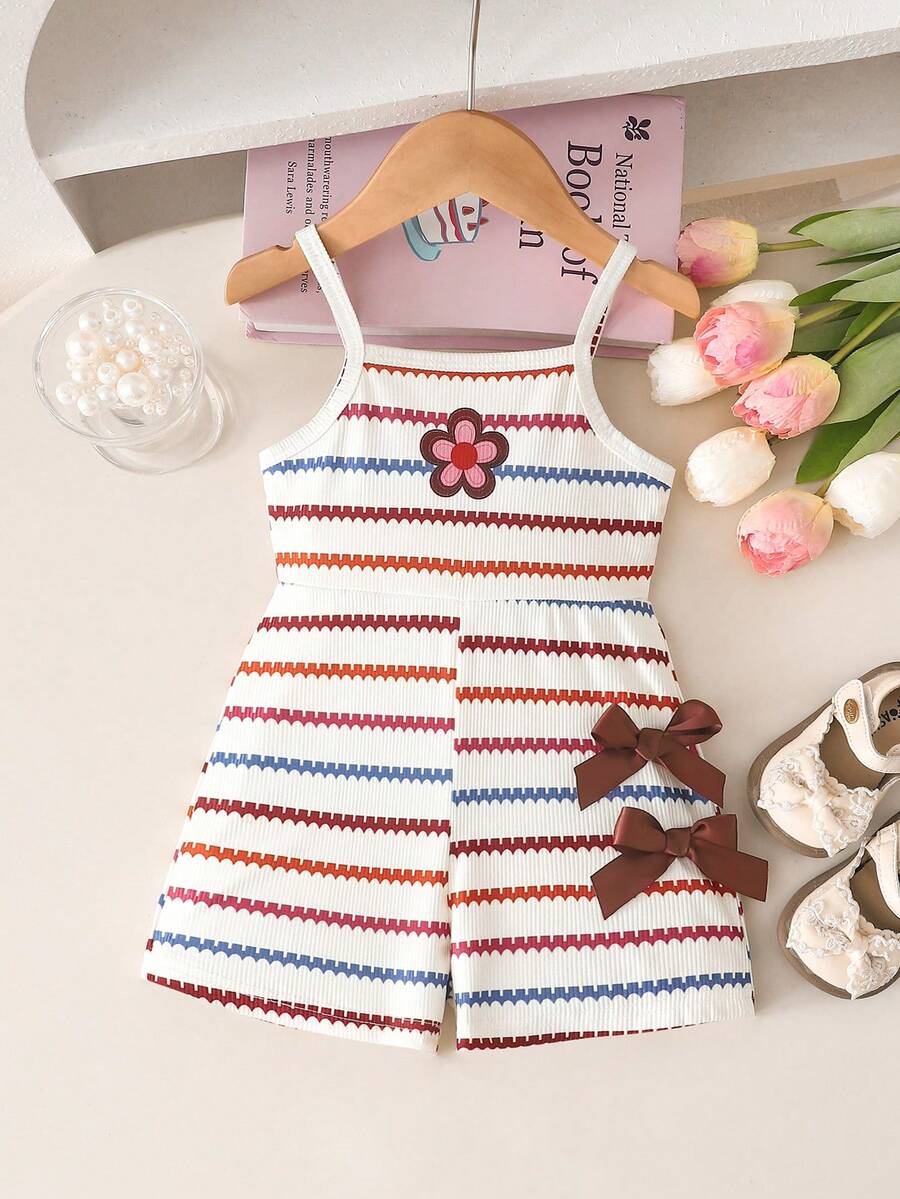 Cute Baby Girl Sleeveless Ribbed Short Jumpsuit With Bow Detail Casual Summer Wear