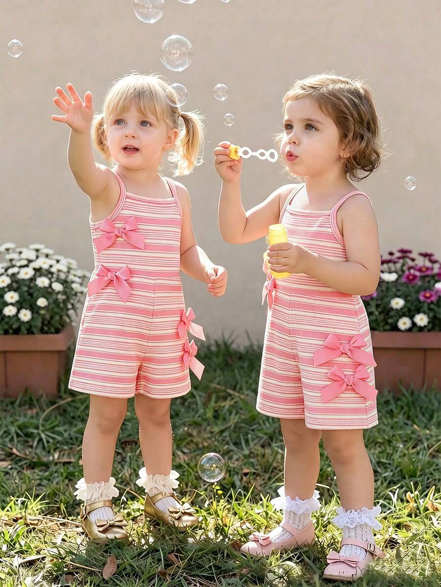 Cute Baby Girl Sleeveless Ribbed Short Jumpsuit With Bow Detail Casual Summer Wear